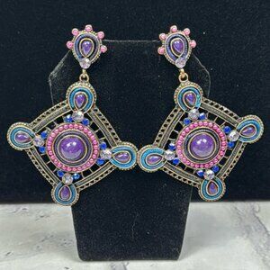 Brass Tone Medallion Earrings Stones Rhinestones Bohemian Gypsy